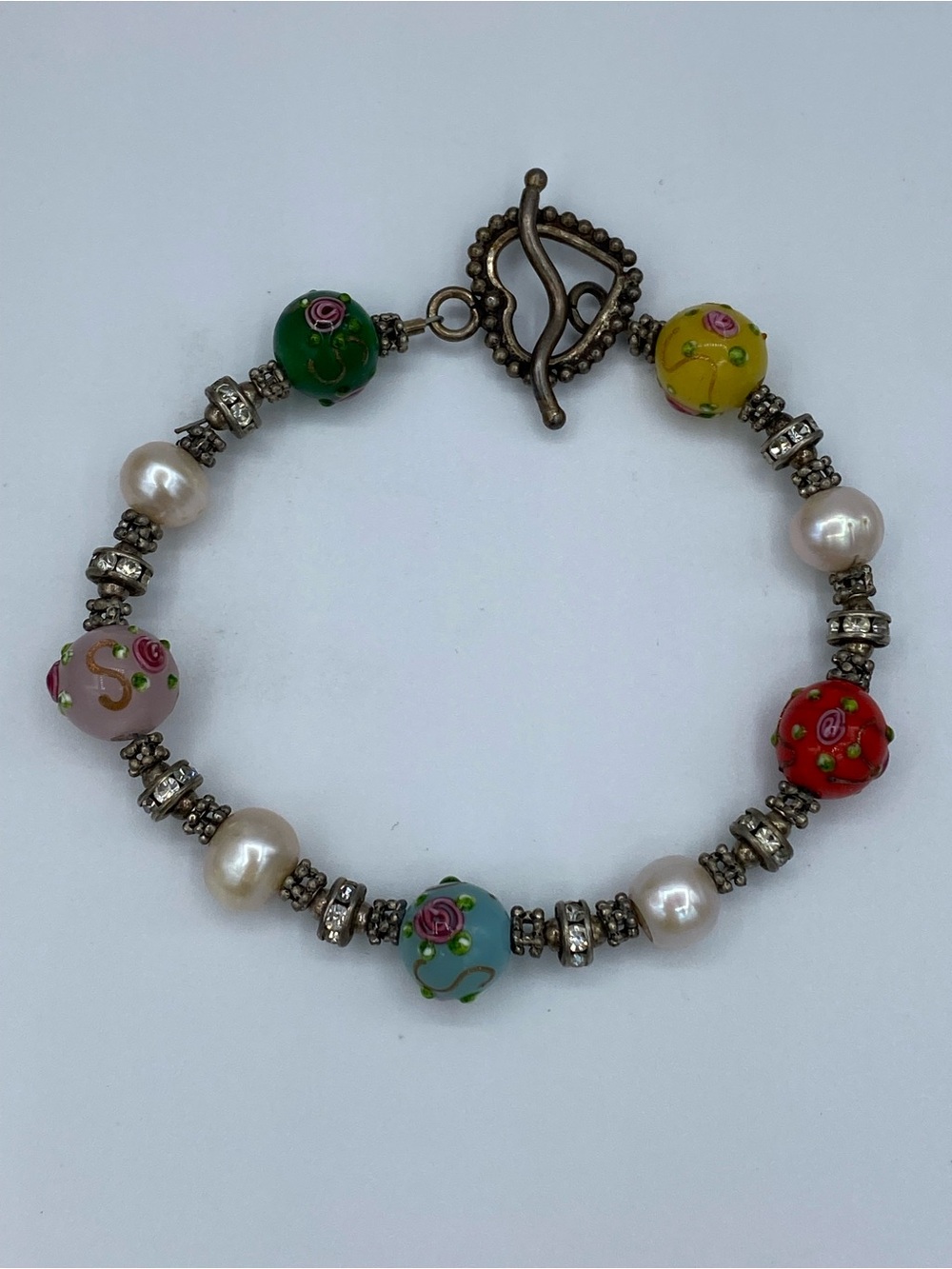 Charming Hand Painted Glass Bead, Pearl, Rhinestone Bracelet With Toggle Clasp